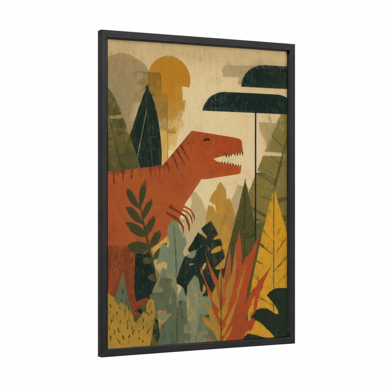 Prehistoric Adventure framed art for boy print — black wood frame — orange and sage green palette