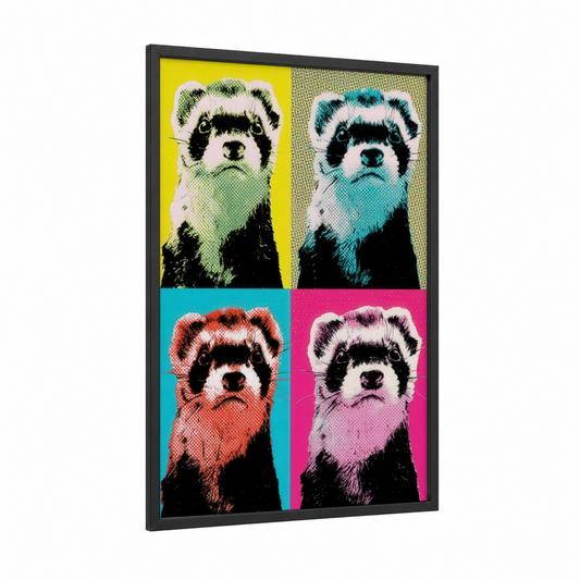 Pop Art Ferret framed art print — black wood frame — yellow and magenta palette