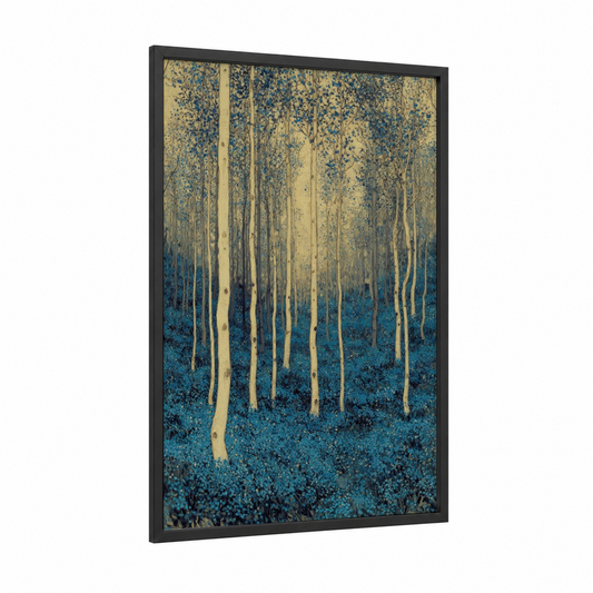Ethereal Birch Forest framed dreamscape print — black wood frame — teal and cream palette