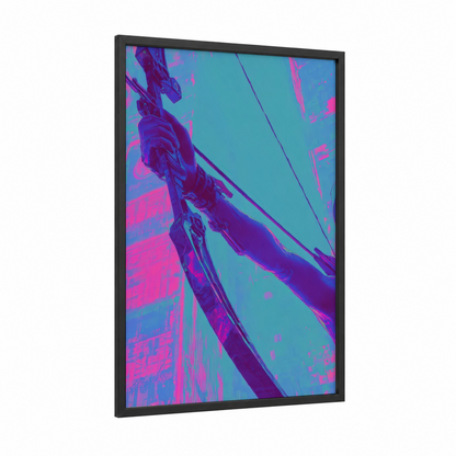 Neon Archer framed archery print — black wood frame — magenta and teal palette