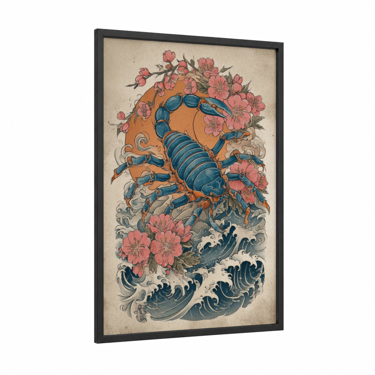 Scorpion Blossom framed scorpions print — black wood frame — blue and salmon pink palette