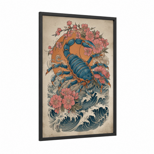 Scorpion Blossom framed scorpions print — black wood frame — blue and salmon pink palette