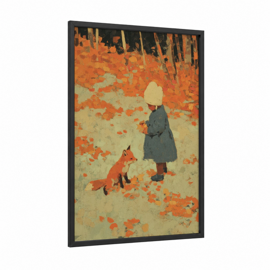 Autumn Fox Friend framed kids animals print — black wood frame — orange and cream palette