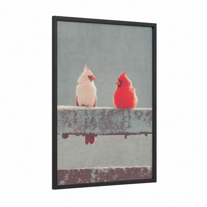 Cardinal Pair Perched framed art print — black wood frame — red and gray and white palette