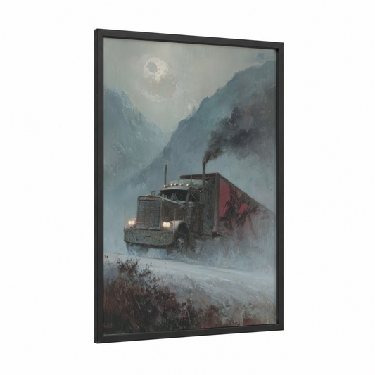 Mountain Haul Truck framed art print — black wood frame — gray and blue and white palette