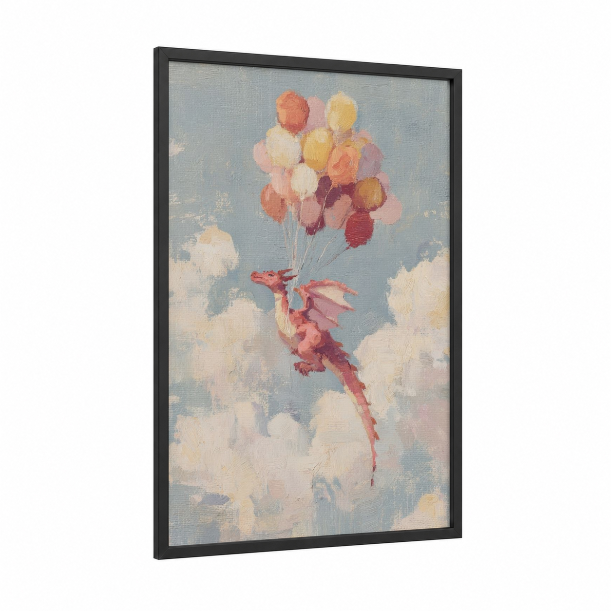 Whimsical Sky Dragon framed art print — black wood frame — peach and cream palette