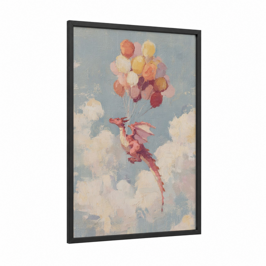 Whimsical Sky Dragon framed art print — black wood frame — peach and cream palette