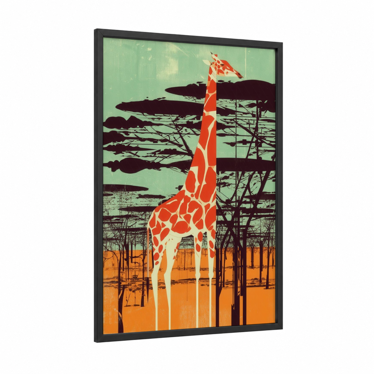 Savanna Giraffe framed art print — black wood frame — orange and light green palette