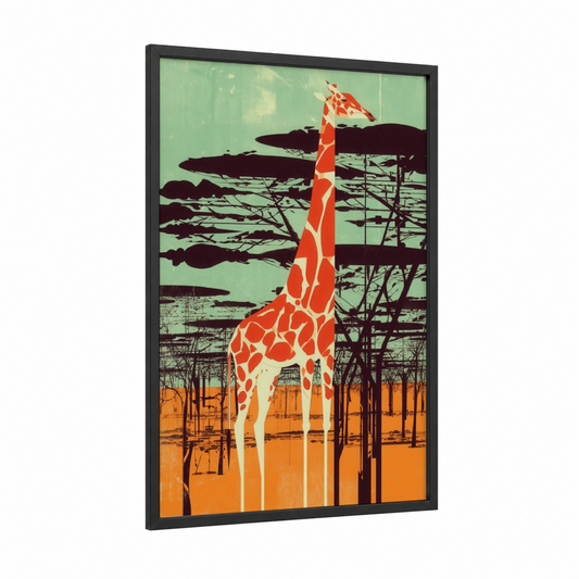 Savanna Giraffe framed art print — black wood frame — orange and light green palette
