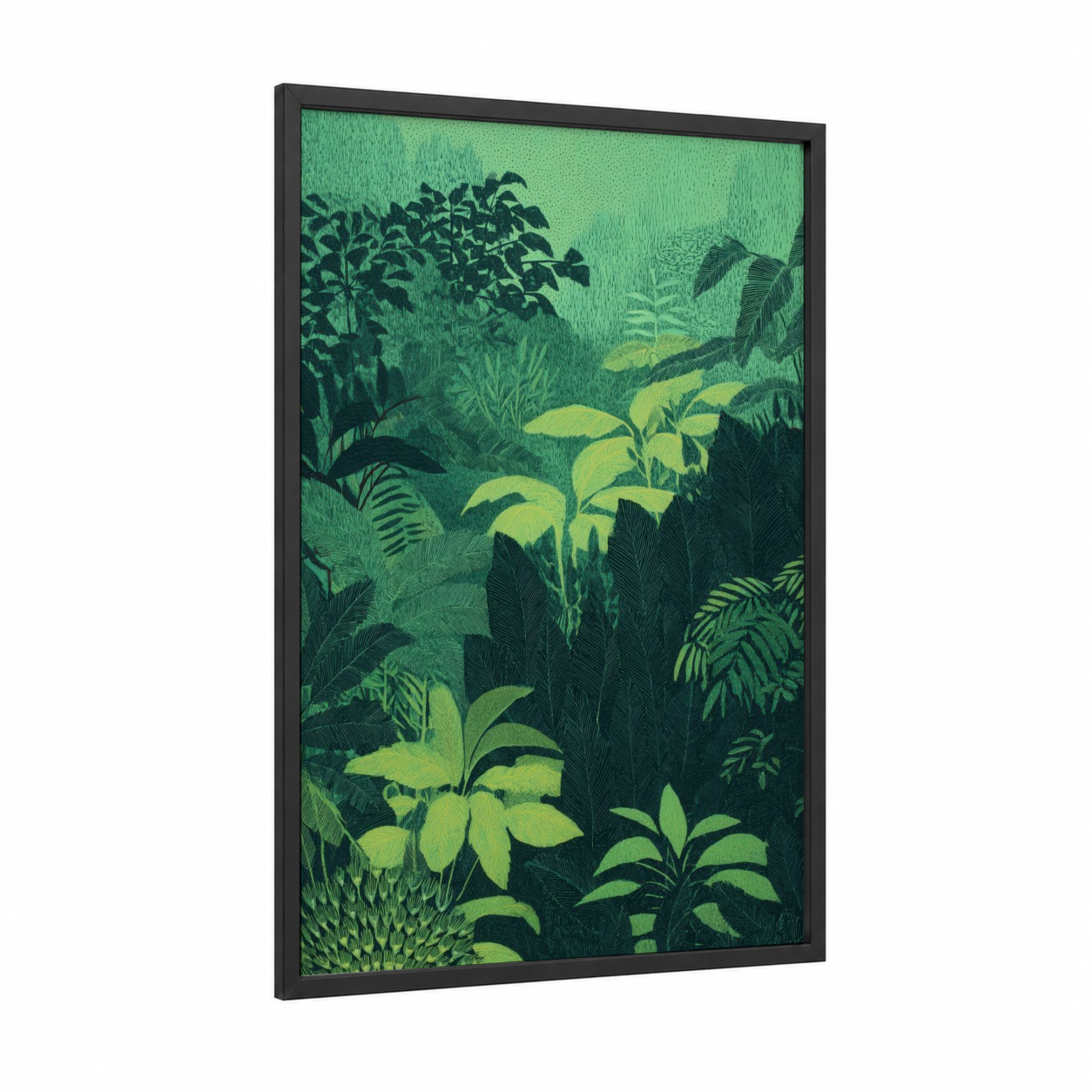 Verdant Dreamscape framed art print — black wood frame — light green and dark green palette
