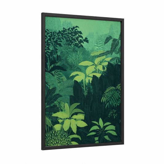 Verdant Dreamscape framed art print — black wood frame — light green and dark green palette