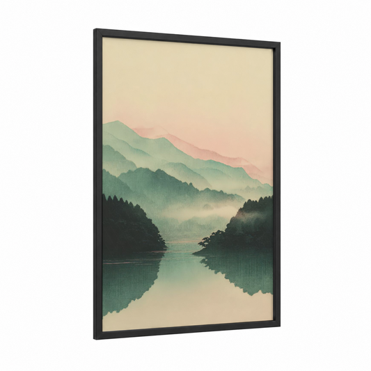 Misty Mountain Lake framed art print — black wood frame — light green and peach palette