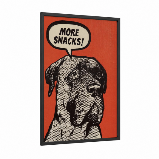 Hungry Mastiff framed art print — black wood frame — red and black and white palette