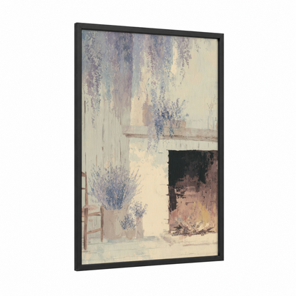 Lavender Fireplace framed art print — black wood frame — lavender and cream palette