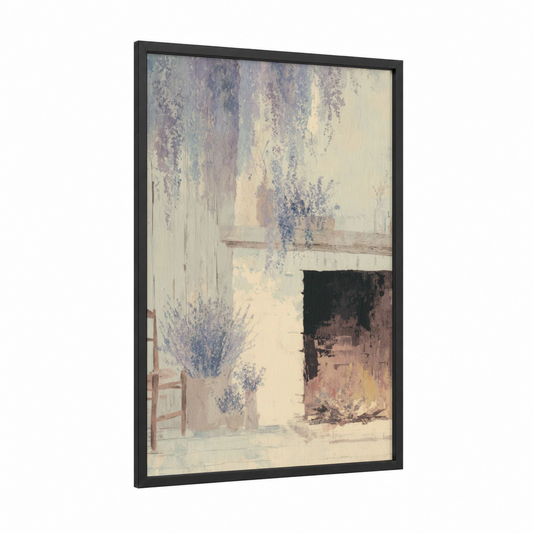Lavender Fireplace framed art print — black wood frame — lavender and cream palette