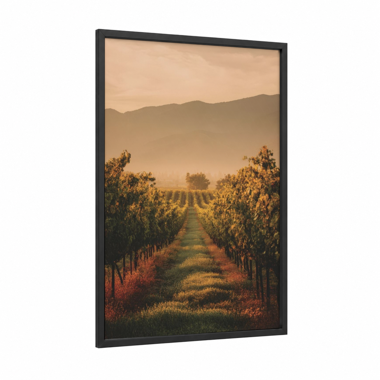 Golden Vineyard Sunrise framed art print — black wood frame — gold and russet palette