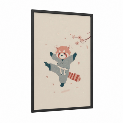 Martial Arts Panda framed taekwondo print — black wood frame — beige and rose gold palette