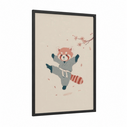 Martial Arts Panda framed taekwondo print — black wood frame — beige and rose gold palette