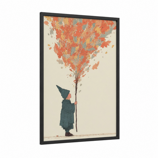Autumn Wish framed kids magic and fantasy print — black wood frame — red and gold palette