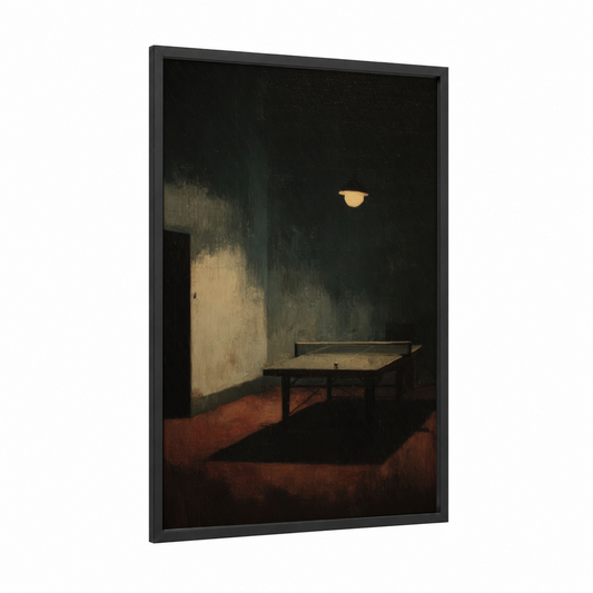 Moonlit Table Tennis framed art print — black wood frame — black and gold and russet palette