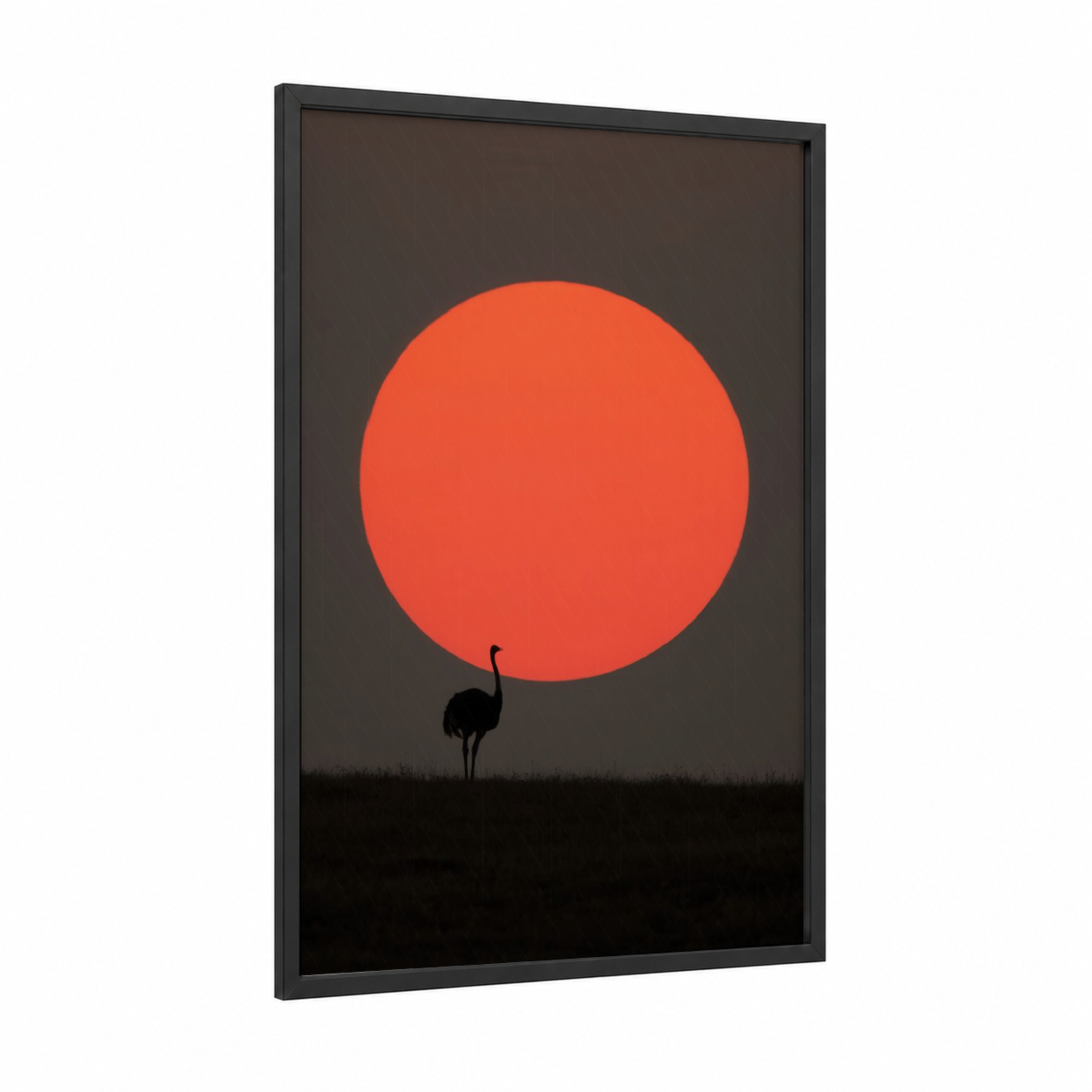Crimson Sunset Ostrich framed art print — black wood frame — red and black palette