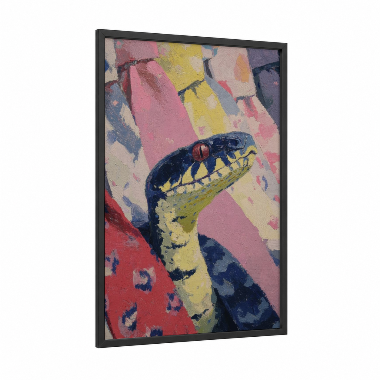 Striped Python Portrait framed art print — black wood frame — pink and yellow palette