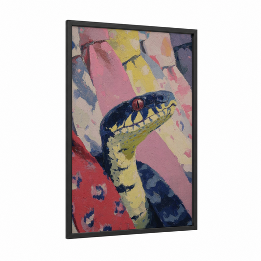 Striped Python Portrait framed art print — black wood frame — pink and yellow palette