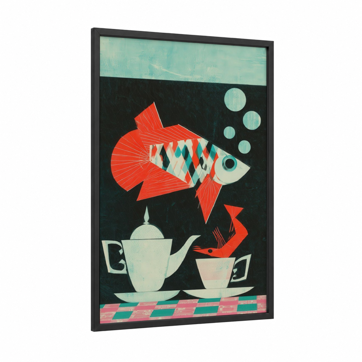 Crimson Fighting Fish framed art print — black wood frame — red and teal palette
