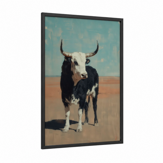 Desert Bull framed art print — black wood frame — teal and beige palette