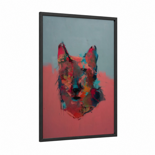 Chromatic Cat framed art print — black wood frame — magenta and teal palette