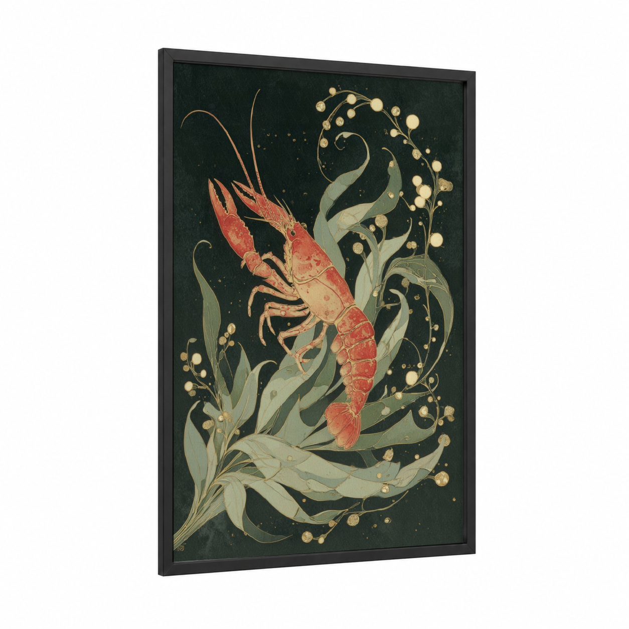 Crimson Crayfish framed art print — black wood frame — dark green and gold palette