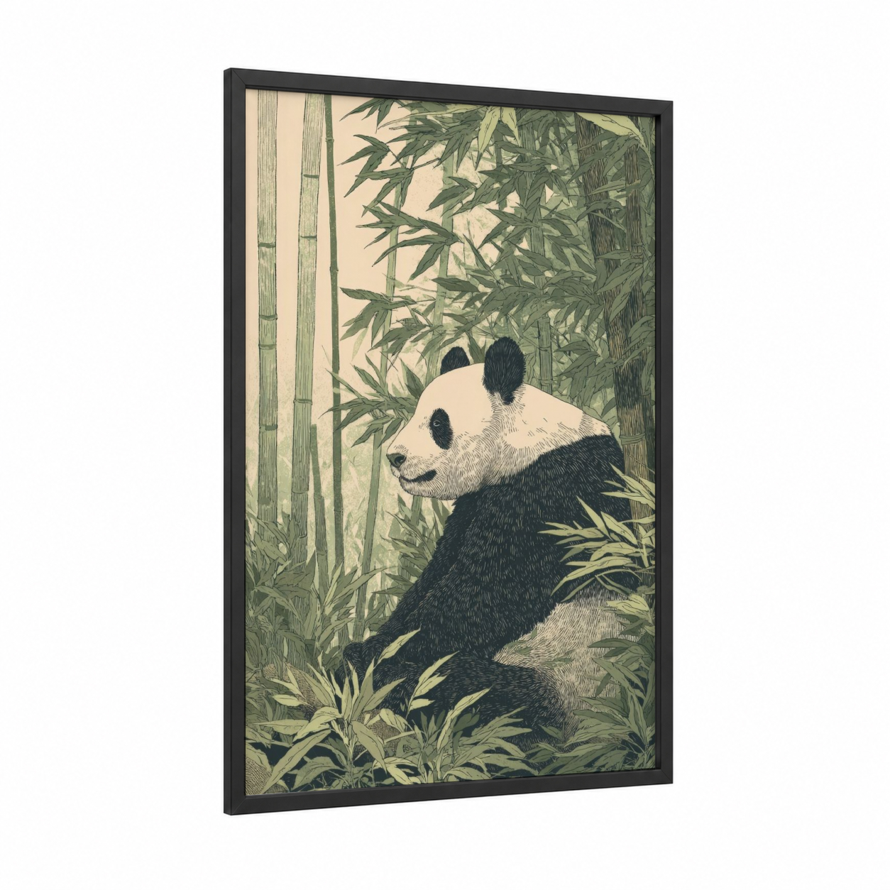Bamboo Panda framed art print — black wood frame — green and black and white palette