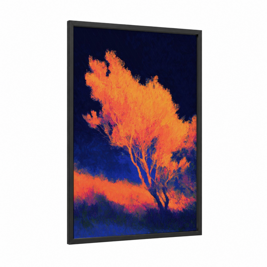 Divine Radiance framed christian symbols print — black wood frame — orange and blue palette