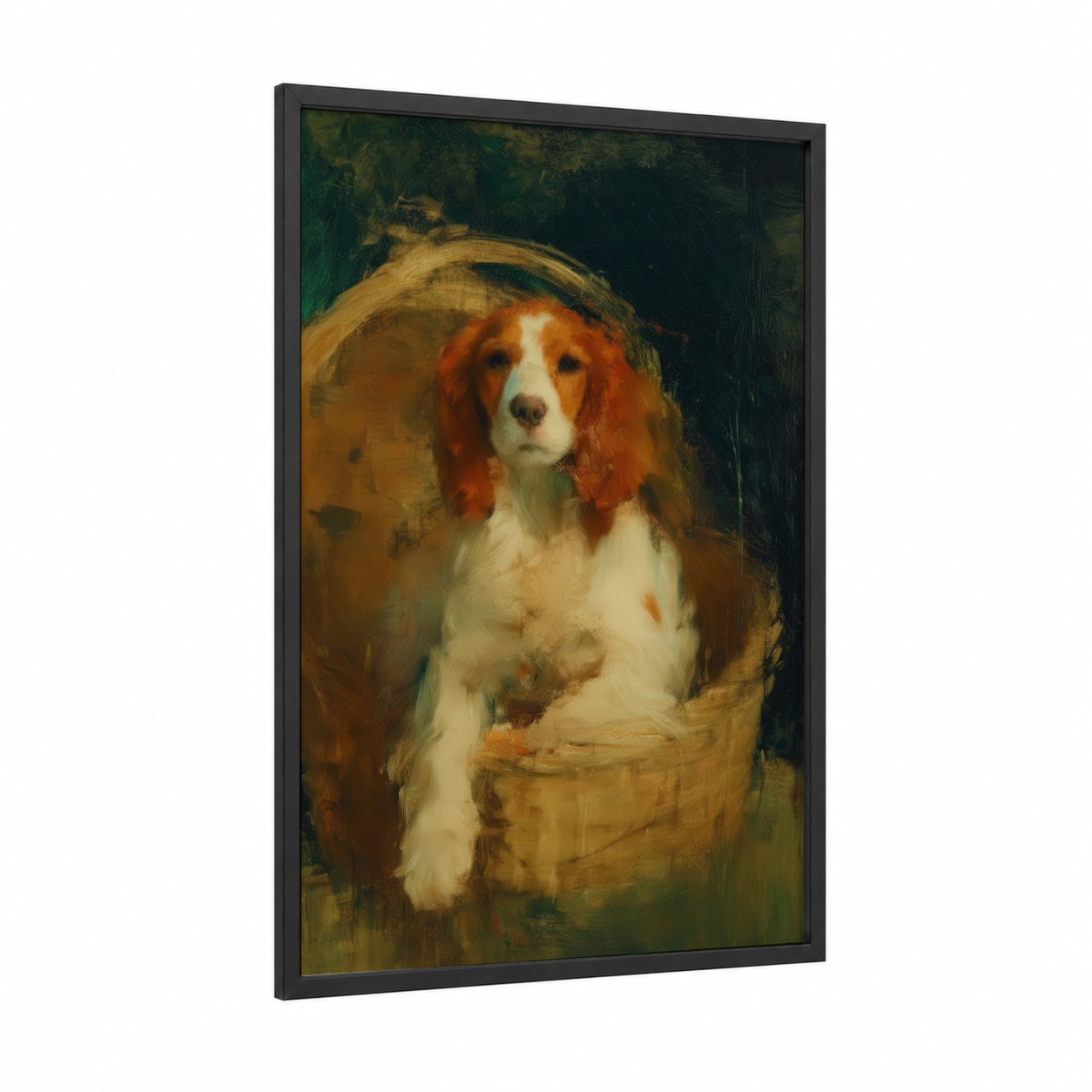 Basket Spaniel framed art print — black wood frame — gold and dark green palette