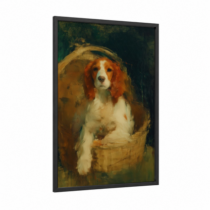 Basket Spaniel framed art print — black wood frame — gold and dark green palette
