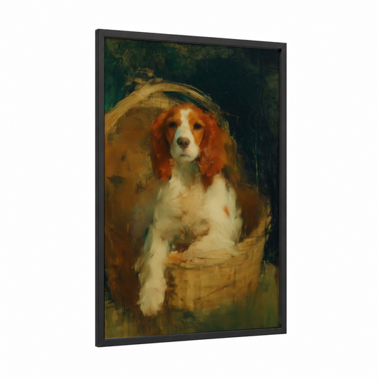 Basket Spaniel framed art print — black wood frame — gold and dark green palette