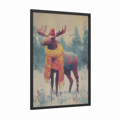 Snowy Moose framed art print — black wood frame — yellow gold and blue palette
