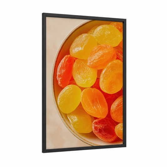 Citrus Candy Bowl framed sweet print — black wood frame — gold and orange palette