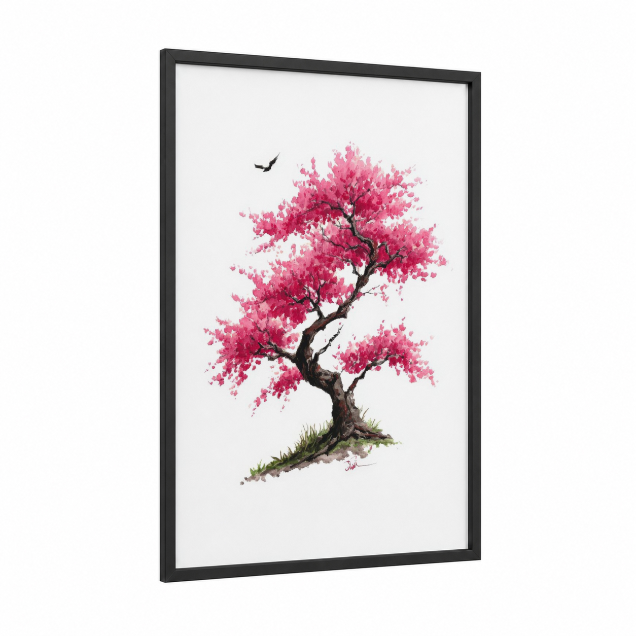Pink Blossom Tree framed cherry blossoms print — black wood frame — pink and white palette