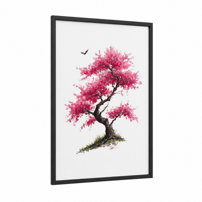 Pink Blossom Tree framed cherry blossoms print — black wood frame — pink and white palette