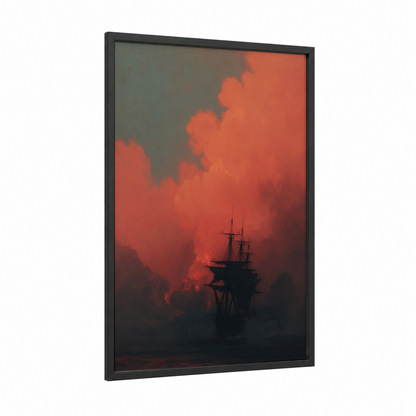 Crimson Vessel framed old ships print — black wood frame — red and gold palette