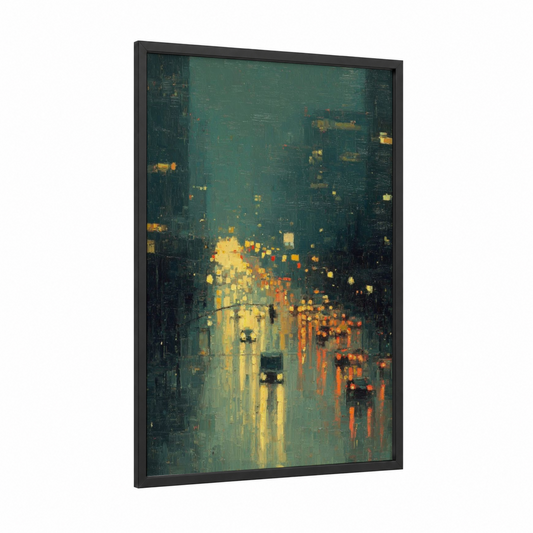 Rainy Night Windows framed art print — black wood frame — teal and gold palette