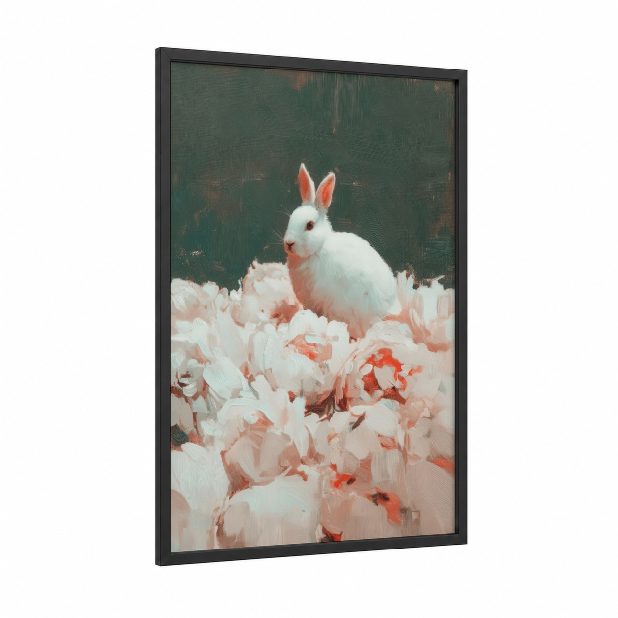 Blush Peony Rabbit framed art print — black wood frame — salmon pink and sage green palette