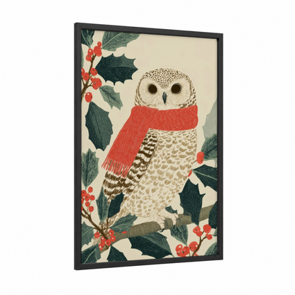 Festive Owl Cardinal framed christmas print — black wood frame — red and dark green palette