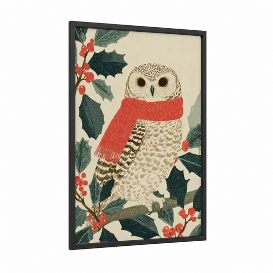 Festive Owl Cardinal framed christmas print — black wood frame — red and dark green palette