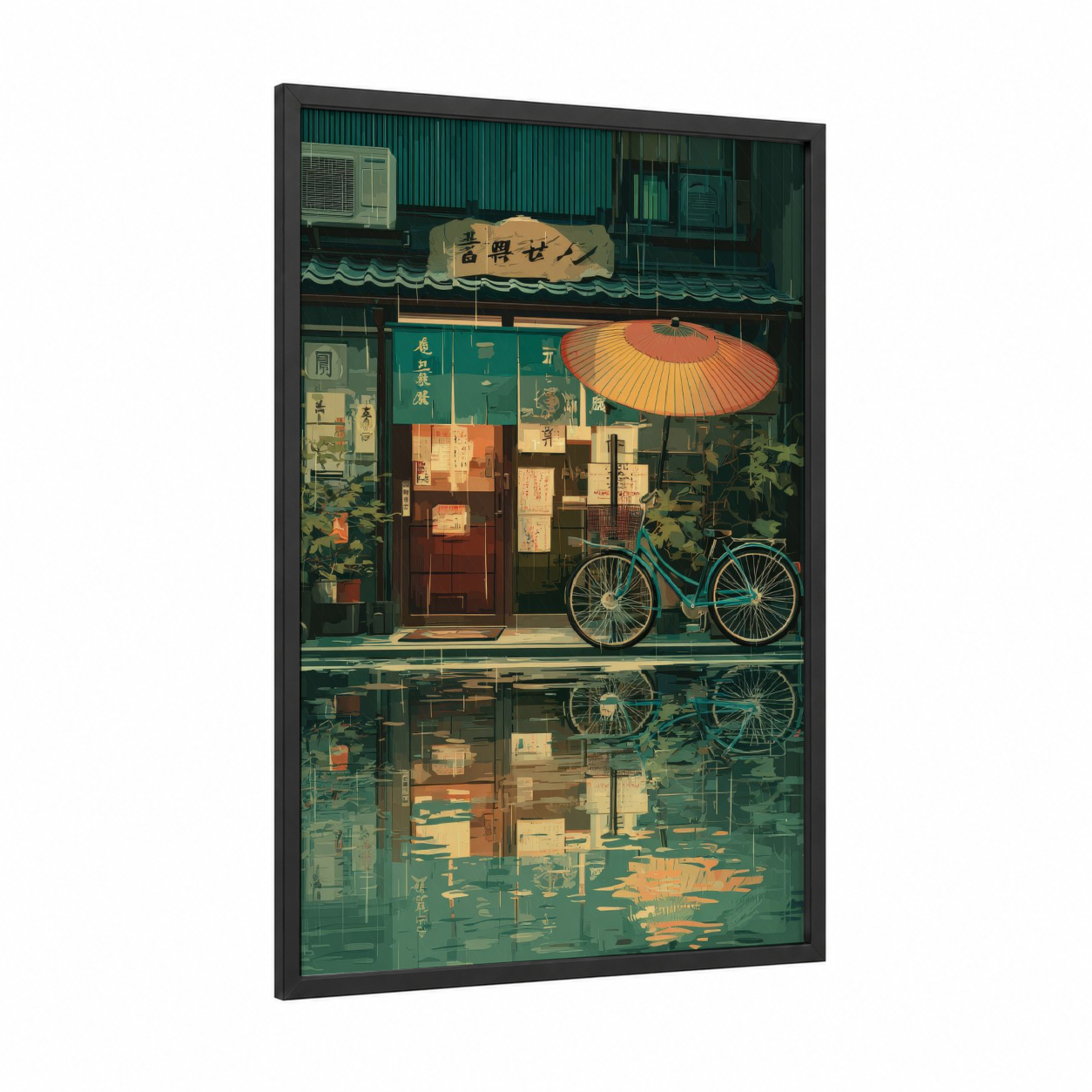 Rainy Shopfront framed urban bicycle print — black wood frame — teal and gold palette