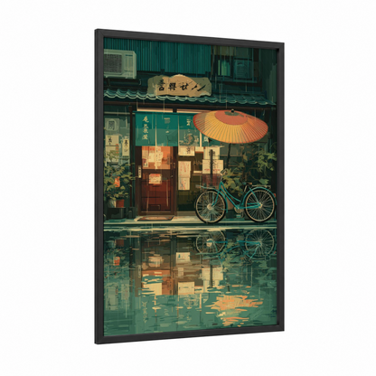 Rainy Shopfront framed urban bicycle print — black wood frame — teal and gold palette