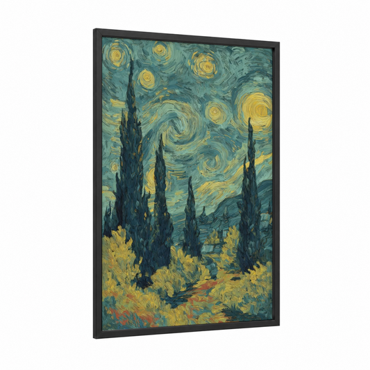 Starry Cypress Night framed night sky print — black wood frame — teal and yellow gold palette
