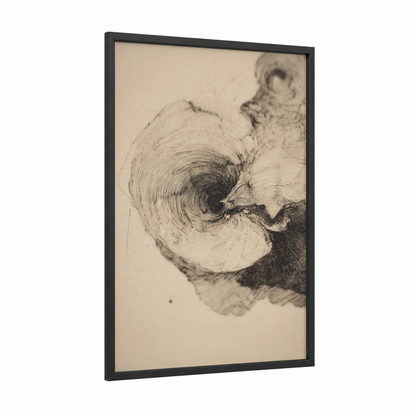 Spiral Oyster framed art print — black wood frame — black and white palette