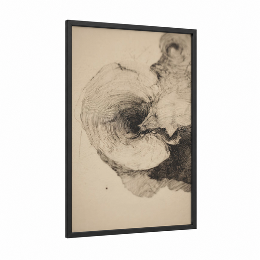 Spiral Oyster framed art print — black wood frame — black and white palette